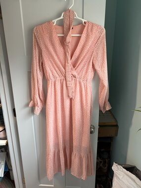 Women's Pink Long Sleeve Midi Dress with Waist Tie